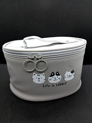 Косметичка сіра дорожня на блискавці каркасна, сумка-органайзер для косметики Три коти  22 х17 х13 см