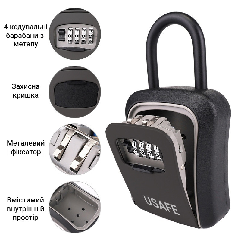 Подвесной металлический мини сейф для ключей uSafe KS-05, с крючком и паролем, Черный - фото 7 - id-p1498316599
