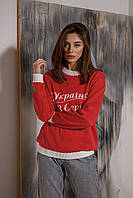 Теплый красный женский свитер молодежного фасона из хлопковой пряжи 42-46, 48-52