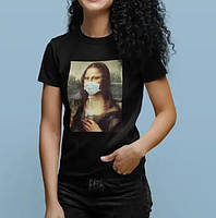 Женская футболка с принтом Мона Лиза на карантине S черная