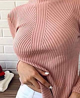 Женская свитер розовый пудра гольф рубчик хорошего качества тягнеться с воротником стойка ёлочка размер 42-46