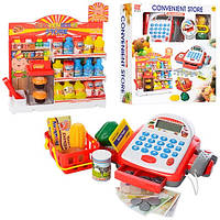 KM6615 Магазин игрушка касса 22 см, корзина, продукты, калькулятор, сканер, зв, св, батарейки 39-39-10 см