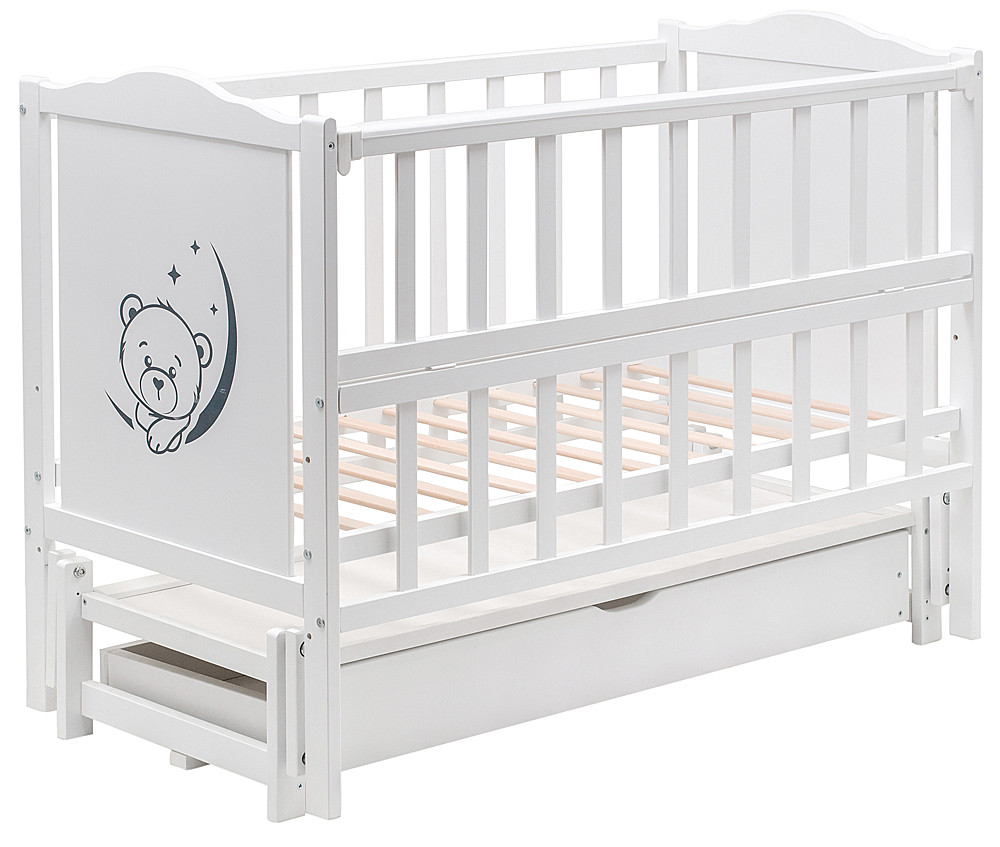 Кровать Babyroom Тедди T-03 фигурное быльце, маятник продольный, ящик, откидной бок белый