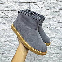 Замшевые женские угги зимние ботинки на овчине UGG mini Серый