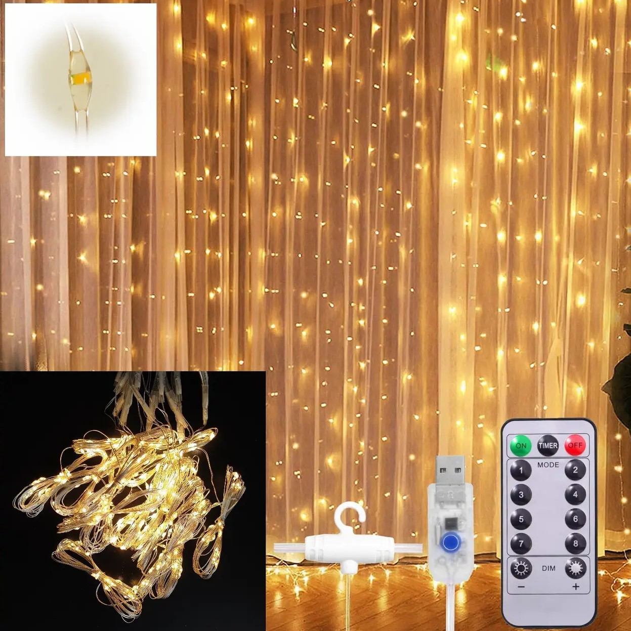Світлодіодна USB гірлянда штора крапля роси теплий колір з пультом 3х2 метри золота від юсб від повербанка, фото 1