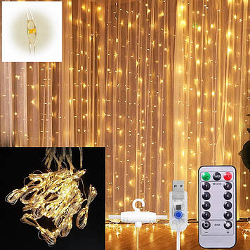 Світлодіодна USB гірлянда штора крапля роси теплий колір з пультом 3х2 метри золота від юсб від повербанка