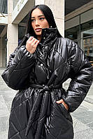 Черное женское зимнее длинное стеганое пальто на силиконе