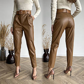 Утеплені жіночі шкіряні штани на флісі з поясом