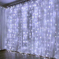 Новогодняя гирлянда штора 300 LED ламп 3 м на 3 м (белый) 8 режимов от розетки 220В