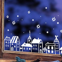 Новогодние наклейки на окна Счастливый город (заснеженные домики городок звезды) матовая 1900х610 мм
