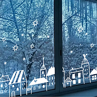 Новогодние наклейки на окна Счастливый город (заснеженные домики городок звезды) матовая 970х310 мм