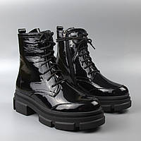 Лаковые кожа Ботинки черные на меху влагозащита Женская обувь больших размеров 40-44 COSMO Shoes Kate Lac BS