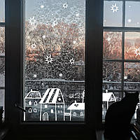 Новогодние наклейки на окно Счастливый город (заснеженные домики городок звезды) глянец 1900х610 мм