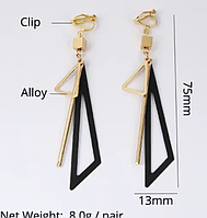 Клипсы серьги сережки (без прокола) пр-во Корея золотистый металл чёрные треугольники длинные