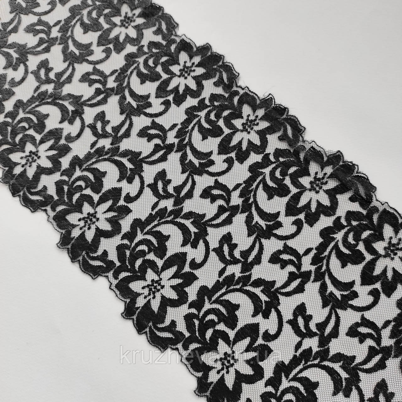 Ажурне мереживо, вишивка на сітці: чорного кольору нитка, чорного кольору сітка, ширина 21 см