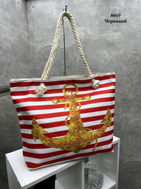АКЦІЯ!  Червона — якір — велика яскрава літня пляжна сумка, матеріал — льон (8069)