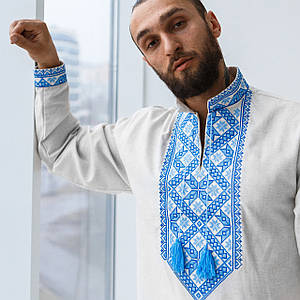 Біла лляна сорочка Марко з синім орнаментом