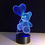 Світильник-нічник 3D з пультом керування Ведмедик із серцем, фото 6