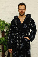 Тёплый махровый мужской халат с капюшоном принт "Евро" - 3XL размер 52-54 Оригинальный подарок мужчине