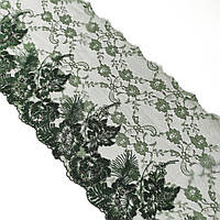 Ажурное кружево вышивка на сетке: зеленая нить по зеленого цвета сетке, ширина 20 см