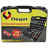 Набір ключів DEGET 108 елементів Набір головок + тріщотки Інструменти в чемодані з металевими защолками ПОЛЬША, фото 3