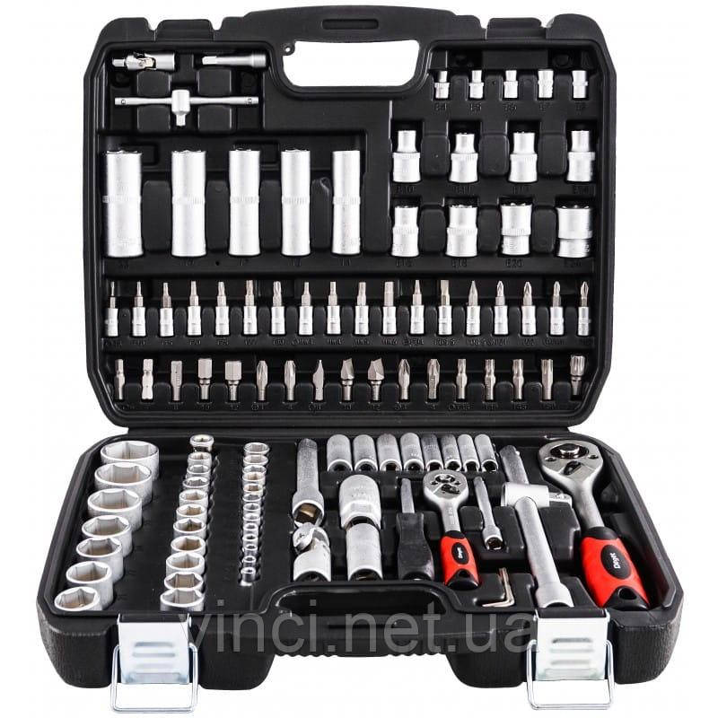 Набір ключів DEGET 108 елементів Набір головок + тріщотки Інструменти в чемодані з металевими защолками ПОЛЬША, фото 1