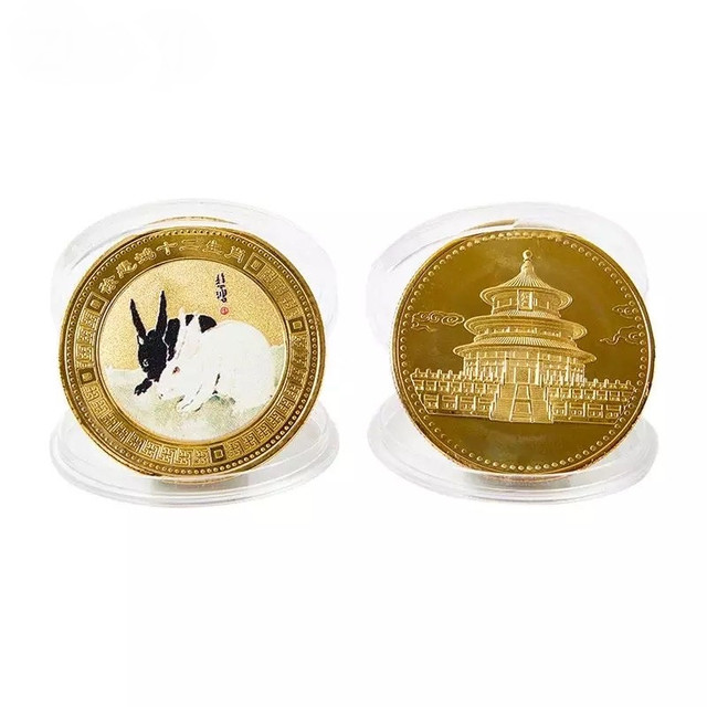 Золотая монета Кролик для Удачи, Здоровья, Благополучия с Пагодой Сутры Сердца Дворец Процветания Инь и Ян