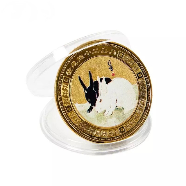 Золотая монета Кролик для Удачи, Здоровья, Благополучия с Пагодой Сутры Сердца Дворец Процветания Инь и Ян