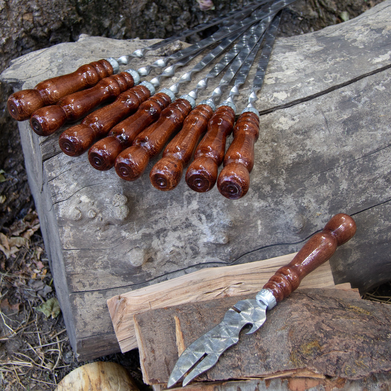 Набор шампуров с деревянной ручкой 8 шт. + вилка-нож. - фото 4 - id-p1719805749