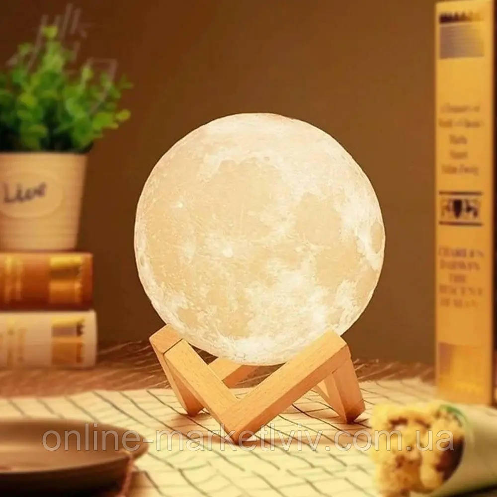 Сенсорна настільна лампа RGB, з USB, Місяць Magic 3D Moon / Настільний нічник на дерев'яній підставці, фото 1
