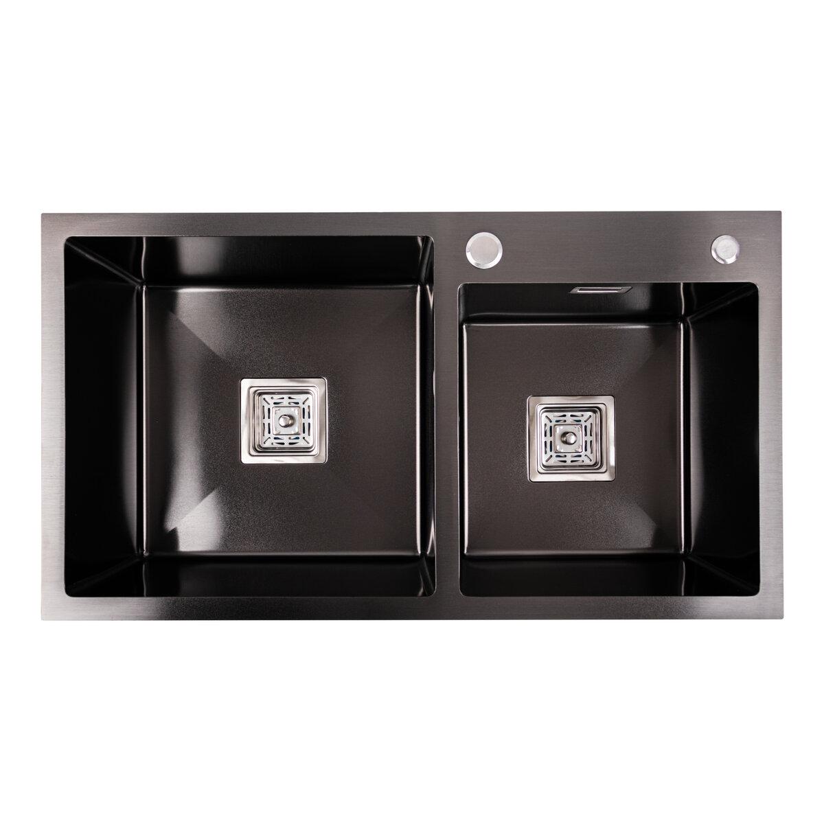 Кухонна подвійна мийка Platinum Handmade 7843 HDB PVD чорна квадратний сифон 3.0/1.0