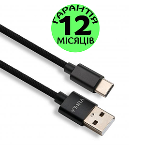 Кабель Тайп Сі Vinga USB to Type-C, чорний, 1 метр, нейлоновий, шнур тайпсі, дріт тип с