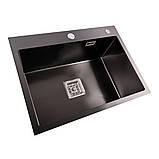 Кухонна мийка Platinum Handmade 6050 PVD HSB чорна квадратний сифон 3,0/1,0, фото 2