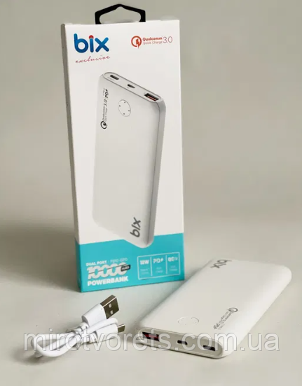 Повербанк Bix зі швидкою зарядкою 10000mAh реальна ємність, Type-C, умб, батарея акумуляторна PB10-QPD