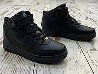 Мужские зимние высокие кроссовки NIKE AIR FORCE Black черные Найк Аир Форсы Кожа с мехом на липучке размер 42