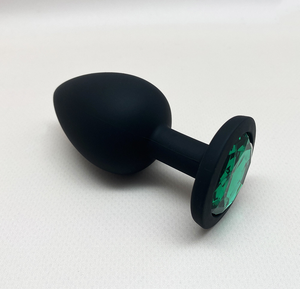 Анальна пробка силіконова L із зеленим кристалом та чохлом. Чорна, фото 1