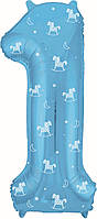 Фольгована цифра Agura "1" Slim Блакитна з мал. Конячки, в упаковці