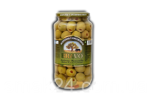 Оливки зелені фаршировані перцем БЕЗ ГЛЮТЕНА Bravo Rellena de Pimiento 500 г/1000 г Іспанія