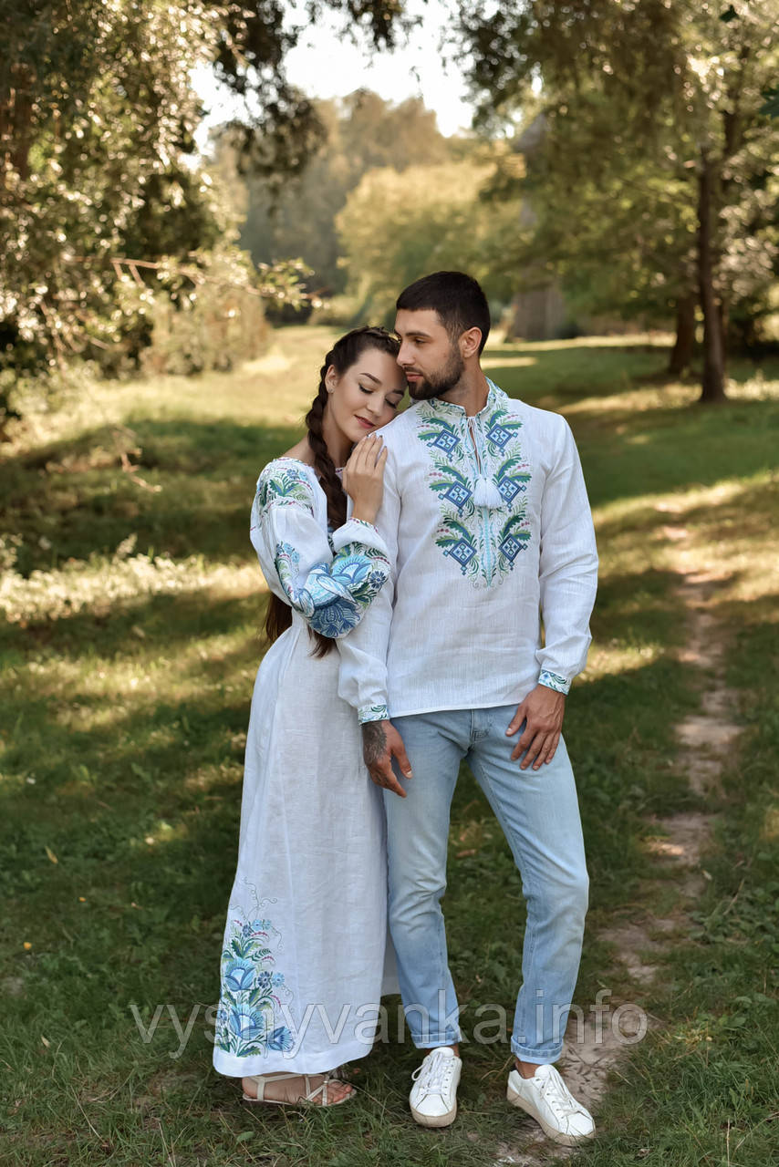 Довга біла лляна сукня вишиванка "Птаха", арт.4600