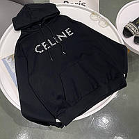 Женская черная толстовка Селин с капюшоном худи Celine оверсайз с надписью