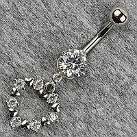 Сережок банан у пупок сріблястий із медичної сталі від Stainless Steel Серце довжина штанги 23 мм + підвіска