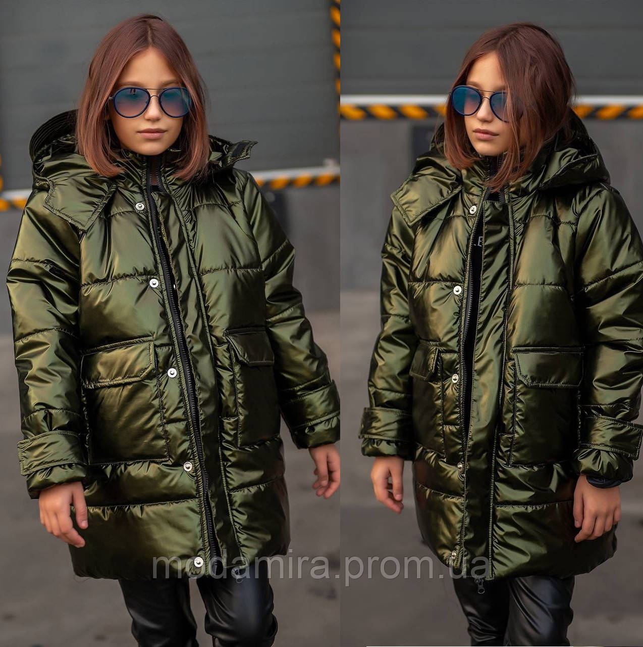 Блискуча зимова куртка — пуховик на дівчинки, тепла, модна, колір хакі 9-14 років