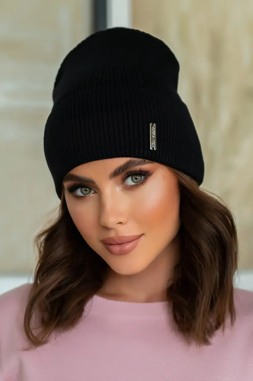 Молодіжна жіноча шапка з відворотом Snijana, чорна, фото 1