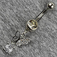 Сережок банан у пупок сріблястий із медичної сталі від Stainless Steel Метелик довжина штанги 23 мм + підвіска