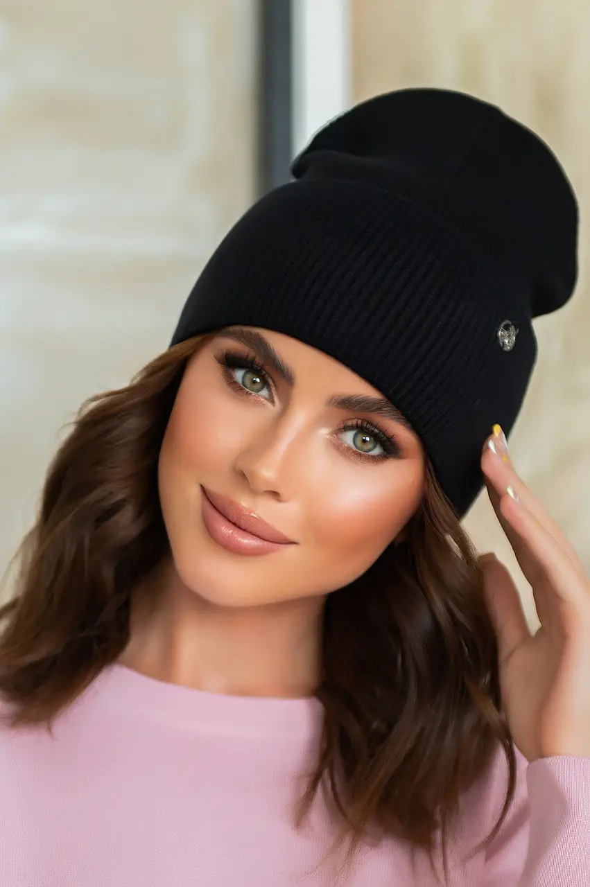 Молодіжна жіноча шапка з відворотом Sandra, чорна, фото 1