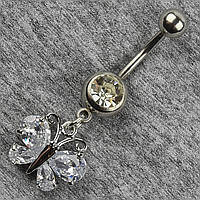 Сережок банан у пупок сріблястий із медичної сталі від Stainless Steel Метелик довжина штанги 23 мм + підвіска