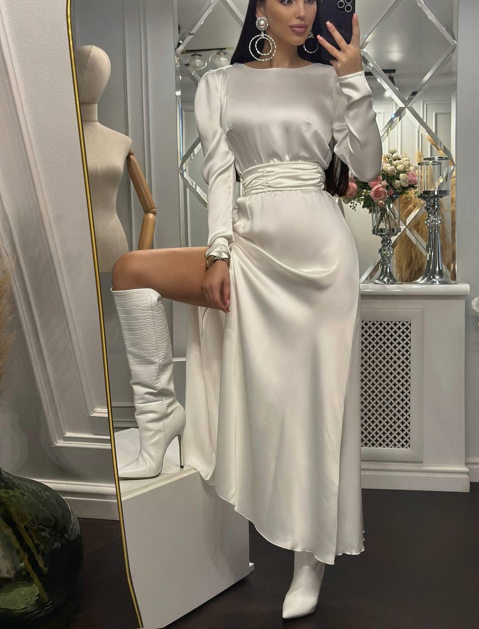 Розкішна довга жіноча шовкова сукня Аврора з розрізом на нозі та поясом Smf7825