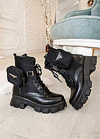 Женские ботинки Prada Leather Boots Nylon Pouch Black Прада сапоги