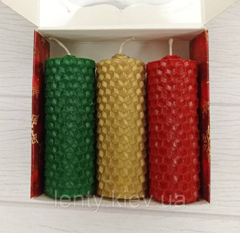 Набір Новорічних свічок із вощини 3 шт 8 см (Зелений колір, золотий, червоний) (ручна робота)
