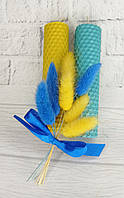 Патріотичний Набір свічок із вочини 2 шт 13 см з букетом із сухоцвітів (Блакитний жовтий) ( ручна робота)